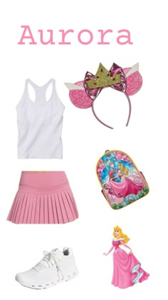 the princess aurora costume is shown in pink, white and gold with accessories including shoes