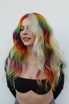 Hello! This is a 20inch Custom Colored Lace Front Human Hair Wig created by @megankhair on Instagram. This wig is safe for thermal styling and washing however it is highly advised to use ice cold water and color safe products when styling to prevent advanced color fade. Rainbow Melt Hair, Long Vivid Hair, Rainbow And Blonde Hair, Long Rainbow Hair, Two Toned Hairstyles, Blonde And Rainbow Hair, Crazy Color Hair Ideas, Long Colored Hair, Rainbow Prism Hair