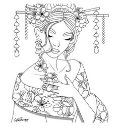 Beautiful Geisha, People Coloring Pages, Adult Coloring Book Pages, Color Therapy App