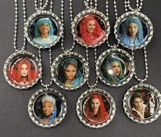 six necklaces with pictures of different women in the style of bottle caps on them