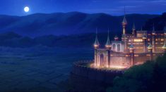 an animated castle lit up at night with the moon in the sky and mountains behind it