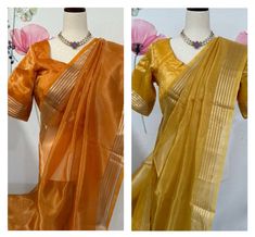 Amazing silk mark certified Banarasi tissue saree blouse size 36-40 fall & pico done. Comes with in-skirt Exclusive sarees from Haas Tissue Saree Blouse, Tissue Saree, Saree Silk, Saree Blouse, Saree, Silk, Skirt, Orange, Yellow