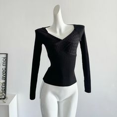 Color: Black, Size: S Black V-neck Long Sleeve Top For Fall, Black Stretch Long Sleeve Sweater, Winter Black Ribbed Top, Fitted Black Long Sleeve Sweater, Winter Long Sleeve Stretch Sweater, Winter Stretch Long Sleeve Sweater, Stretch Long Sleeve Winter Sweater, Stretch Long Sleeve Sweater For Winter, Long Sleeve Knit Tops For Winter