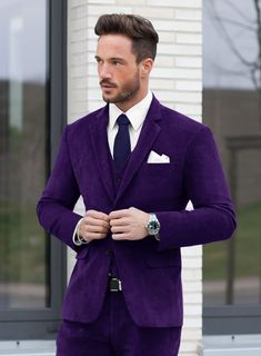 If you are a proud fashion enthusiast of luxurious items that render your flawless personality, then our Purple Velvet Suit is definitely for you. Tailored with pure cotton, our suit includes royalty and perseverance that lets you be favored and approachable at the same time. Plus, the purple shade will bring out your best trait with pride. So make a quality exchange with our suit that will be the trendiest and most extravagant piece to own.  Look Includes  Purple Velvet Fabric  Two Button Jacke Luxury Cotton Semi-formal Suits, Luxury Cotton Suits With Notch Lapel, Luxury Cotton Blazer For Semi-formal Occasions, Elegant Long Sleeve Cotton Suits, Elegant Purple Cotton Sets, Classic Purple Formal Sets, Elegant Purple Three-piece Suit For Formal Occasions, 1920 Suits, Purple Velvet Suit