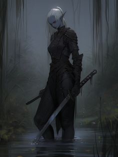 a woman with white hair holding two swords in her hands and standing in the water