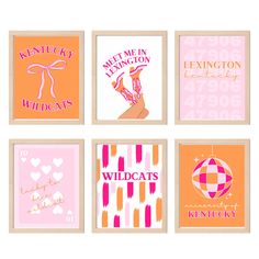 four framed art prints with different designs and words in pink, orange, and white