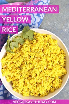 a white bowl filled with yellow rice and cilantro