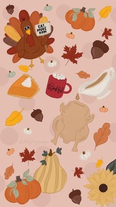 a thanksgiving card with turkeys, pumpkins and other fall items on it's pink background