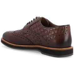 A dapper derby design by Thomas & Vine, the Radcliff, featuring genuine leather woven details. This stunning shoe is topped with wingtip accents sitting on a contrasting comfort outsole for a modern twist. An 8 mm Tru Comfort Foam™ insole finishes the design, so you don't have to sacrifice style for comfort. Goodyear Welted Derby Shoes For Business Casual, Brown Derby Oxford Shoes With Goodyear Welt Construction, Brown Oxford Derby Shoes With Goodyear Welt Construction, Casual Round Toe Derby For Semi-formal, Casual Semi-formal Derby Shoes With Round Toe, Casual Semi-formal Derby With Round Toe, Semi-formal Brown Oxfords With Textured Sole, Brown Semi-formal Oxfords With Textured Sole, Brown Leather Shoes With Woven Sole And Plain Toe