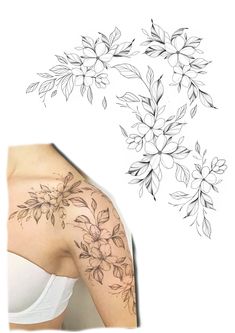 a woman's shoulder with flowers and leaves on it