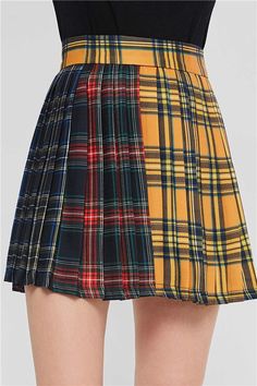 Color Block Patchwork Pleated Women's Mini Skirt Ragdoll Aesthetic, Patchwork Mini Skirt, Tartan Fashion, Preppy Plaid, Buy Skirts, Miniskirt Outfits, Wigs Online, Beautiful Skirts, The Funny