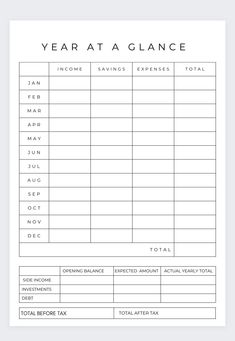 the printable year at a glance sheet is shown in black and white, with text on