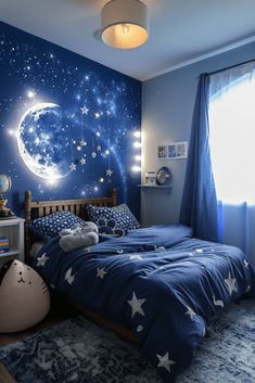 a bed room with a neatly made bed and a night sky mural on the wall