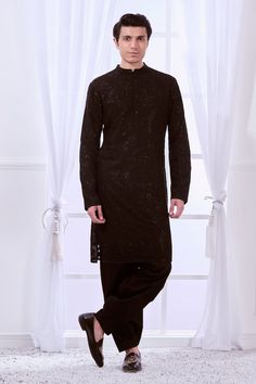 Black straight kurta with tonal floral pattern chikankari embroidery. Comes with solid pyjama. - Aza Fashions Unstitched Long Sleeve Cutwork Kurta, Long Sleeve Kurta With Cutwork For Eid, Festive Straight Kurta Lawn Suit With Cutwork, Designer Long Sleeve Kurta With Cutwork, Long Sleeve Lawn Suit With Cutwork For Eid, Long Sleeve Lawn Suit With Cutwork For Festive, Long Sleeve Traditional Wear With Cutwork For Eid, Festive Long Sleeve Kurta With Cutwork, Designer Long Sleeve Cutwork Kurta