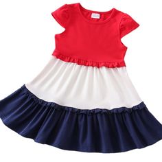 This Beautiful Tiered Dress Is A Classic! With A Red Bodice Layering White And Blue, It's Perfect For Any American Celebration. Fits True To Size, But May Be Worn For Many Years As It Turns Into A Tunic. Promoter Outfit, Playful Red Twirl Dress For Summer, Playful Fitted Red Dress, Red Cotton Dress For Playtime, Red Ruffled Dresses For Playtime, Red Short Sleeve Dress For Playtime, Red Summer Dress For Playtime, Red Summer Playtime Dress, Red Sleeveless Dress For Playtime