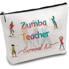 a white zippered bag with some people doing different things on it and the words, zumba teacher survival kit