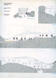 two drawings of different buildings on top of a hill