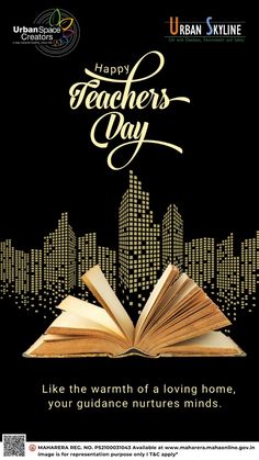 an open book with the words happy teachers day written on it, and cityscape in