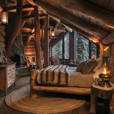 a bed in a room with wooden walls and ceilings