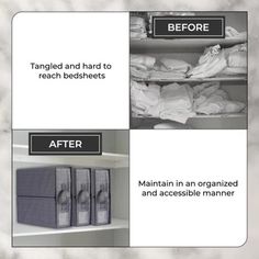 the instructions for how to clean and organize linens in an organized closet with marble shelves