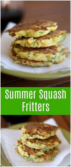 three pancakes stacked on top of each other with the words summer squash fritters