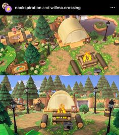 two screens showing different views of a camp site in animal crossing, and the same image shows