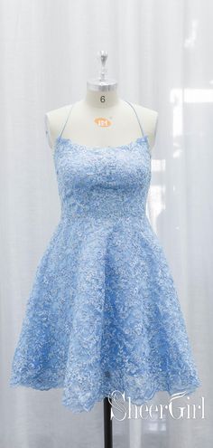 Vintage lace homecoming dresses. #lacedresses #lace #lacehomecoming #lacehomecomingdresses #skybluedresses #skybluehomecoming #skybluelace #shortprom #shortpromdresses #homecomingdresses Lace Mini Dress With Spaghetti Straps For Homecoming, Lace Mini Dress With Spaghetti Straps For Prom, A-line Lace Dress With Lace Trim For Prom, Prom Lace Dress With Spaghetti Straps, A-line Lace Prom Dress, Spaghetti Strap Lace Dress With Lace Trim For Prom, Spaghetti Strap Lace Prom Dress, Lace Dress For Homecoming During Prom Season, Lace Dress With Fitted Bodice For Homecoming