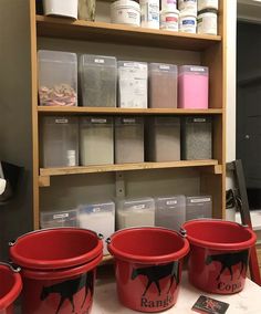 three red buckets sitting on top of a table next to shelves filled with containers