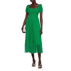 This Self Portrait Midi Dress Radiates Flawless Femininity With Its Sweetheart Neckline, Slightly Puffed Sleeves, And Ruched Bodice. It’s Shaped From Pleated Chiffon With A Delicate Lace Trim And Cutout Detail At The Bust. This Pleated Midi Dress Is Cut From Swathes Of Chiffon And Has A Cutout At The Ruched Bodice. The Swishy Skirt Is Trimmed With The Brand's Signature Corded Lace. Chic Pleated Fitted Chiffon Dress, Chic Fitted Pleated Chiffon Dress, Fitted Chiffon Dress For Dress Down Occasions, Elegant Fitted Chiffon Dress For Casual Occasions, Spring Fitted Pleated Chiffon Dress, Spring Pleated Fitted Chiffon Dress, Pleated Fitted Chiffon Dress For Spring, Spring Formal Chiffon Dress With Pleated Bodice, Pleated Fitted Chiffon Dress For Formal Occasions