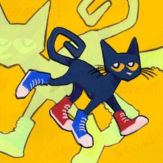 a black cat with red shoes and blue sneakers is flying through the air in front of a yellow background