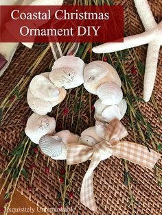 seashell christmas ornament diy on a wicker mat with starfish