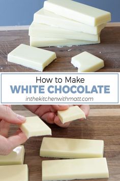 Stacks of homemade white chocolate on a wooden cutting board. Homemade Milk Chocolate, White Chocolate Bars, Homemade White Chocolate, Homemade Chocolate Bars, White Chocolate Recipes, Chocolate Candy Recipes, Homemade Candies, Candy Desserts