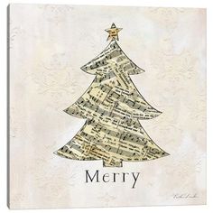 a christmas tree with music notes on it and the word merry written in black ink