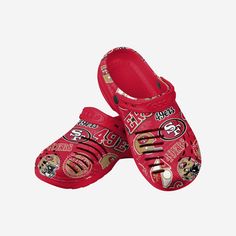 The San Francisco 49ers Historic Print Clogs with Straps are here to help you take a step into the time machine and celebrate your franchise's glorious history. Features All-over team-colored design so you can rep the team in style Repeat team logo displays, thematic elements, and text displays showcasing iconic moments from franchise history so you can prove your support spans decades Comfortable heel straps, perfect for any outdoor adventure Roomy, comfortable fit to help you enjoy every step Logo Garden, Clog Shoe, Iconic Moments, The Time Machine, Garden Water, Water Sandals, Time Machine, Comfortable Heels, Clogs Shoes