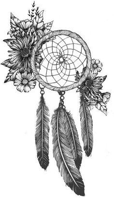 a drawing of a dream catcher with flowers and feathers