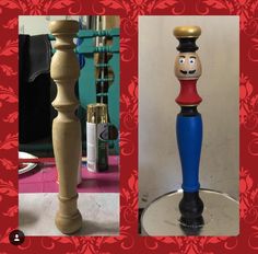 two different types of wooden candlesticks with faces painted on the top and bottom