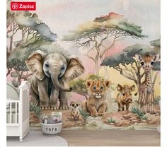 an elephant, giraffes and other animals are depicted in this wall mural