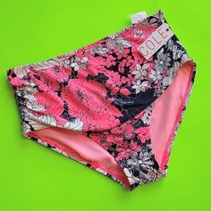 High-Waisted, Retro Style Bikini Swimsuit Bottoms By Cole Of California. On-Trend Coral-Pink & White Tropical Floral On Black Base. By Cole Of California Size M Nwt Pink Stretch Summer Tankini, Pink Stretch Tankini For Summer, Pink Stretch Tankini For Beach Season, Pink Tankini For Beach With Brief Bottom, Pink Brief Tankini For Beach, Pink High Waist Tankini For Beachwear, Pink Brief Tankini For Vacation, Pink Stretch High Waist Swimwear, Pink High Waist Stretch Swimwear