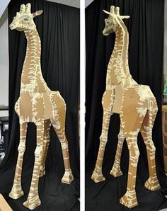 two pictures of a giraffe made out of cardboard