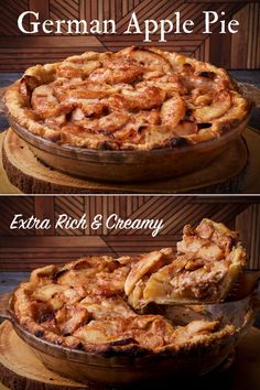 an image of two different pies on top of each other with the words, german apple pie extra rich & creamy