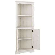 a white cabinet with two shelves and one door open