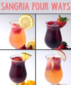 four different shots of various drinks with strawberries and lemons