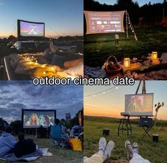 people sitting on the grass watching movies at night and eating popcorn, drinking wine in glasses