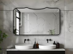 two white sinks sitting under a large mirror in a bathroom next to a potted plant