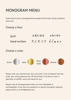 the monogram menu is shown with different colors and font options for each type of item