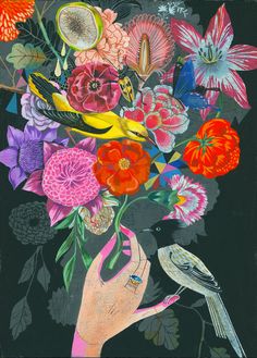 a painting of flowers and birds on a black background