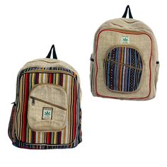 Handmade in Nepal Material: Pure Hemp with cotton Lining Adjustable Strap Up to 23 inches Length: Approx. 18 inches Width : Approx. 13 inches Depth: Approx. 10 inches This backpack has one large zip compartment along with one medium and one small compartment in the front and pocket on each side for water bottles along with compartment for laptop inside. THESE BACKPACKS ARE HANDMADE SO THE WORK ON EACH BAGS MIGHT BE LITTLE DIFFERENT Casual Multicolor Hiking Bags, Multicolor Casual Hiking Bag, Handmade Vintage Backpack, Bohemian Handmade Backpack, Bohemian Handmade Standard Backpack, Eco-friendly Handmade Backpack, Earthy Grunge, Bohemian Multicolor Handmade Backpack, Eco-friendly Multicolor School Backpack