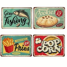 four metal signs with different types of food