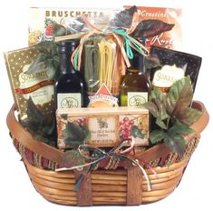 a basket filled with lots of wine and food