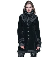 Create a dark pastel goth winter outfit. Try out the deep v-neck velvet coat. Gothic Pastel, Black Velvet Coat, High Collar Jacket, Gothic Costume, Long Jackets For Women, The Girl With The Dragon Tattoo, Queen Style, Black Velvet Jacket, Goth Women